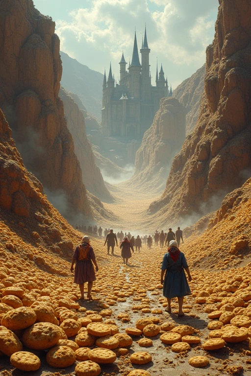 ((best quality)), ((masterpiece)), (detailed), Paint me a picture in the style of orteils cookie clicker of the huge cookie mine with many grandmas in chains being forced to mine them by their cookie overlords. The wizard towers should be visible in the distance. There needs to be thousands of cookies visible. Make it fitting for a masterpiece art gallery