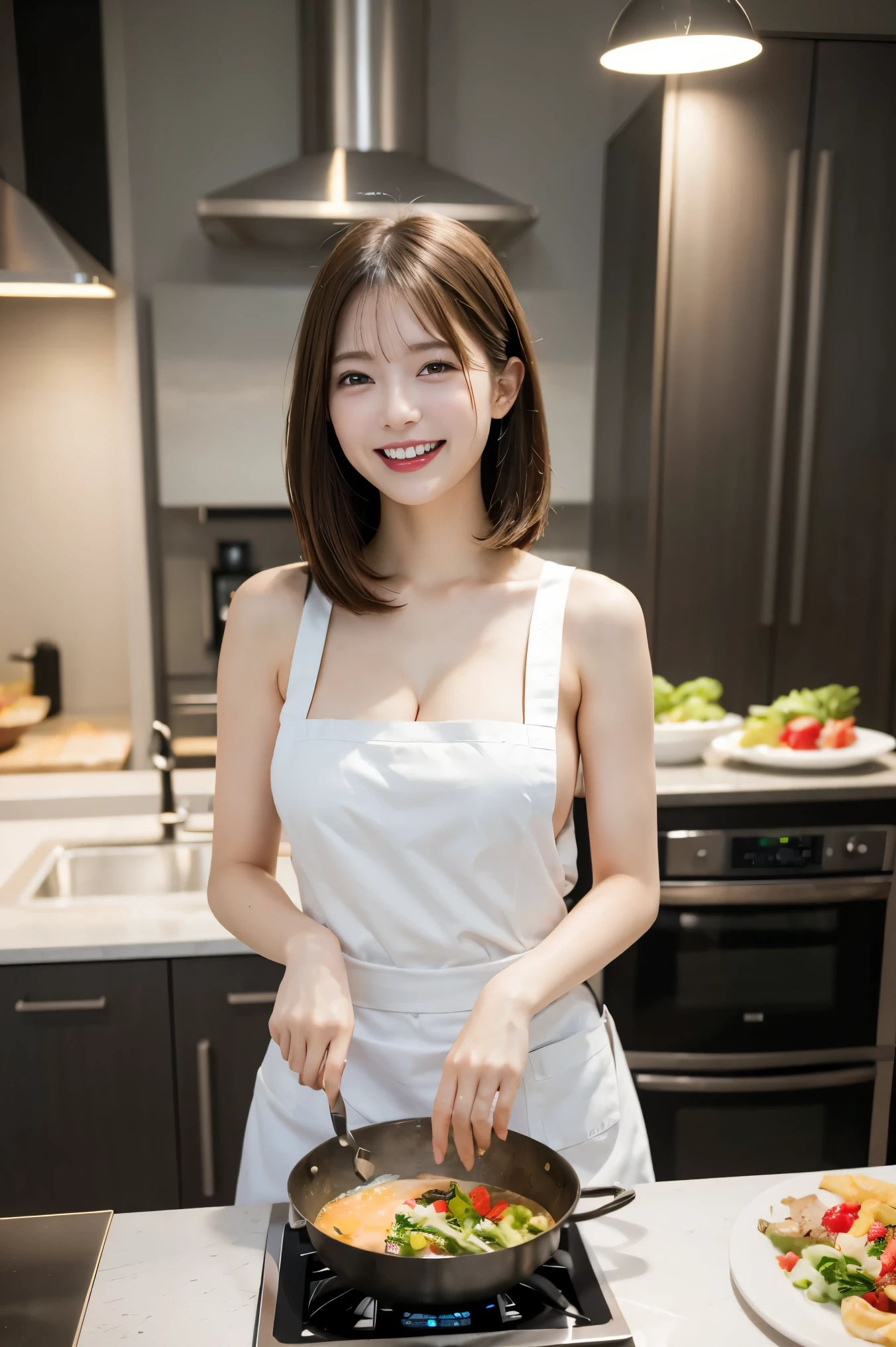 Kitchen making dinner 、, Highest quality, shape, Very detailed, In detail, High resolution, 8k wallpaper, Perfect dynamic composition, Beautiful details,  Natural Lip, Naked and wearing an apron, Her breasts are overflowing, Big Breasts, Cleavage, She is laughing while cooking..., A masterpiece of the whole body, Full Body Shot