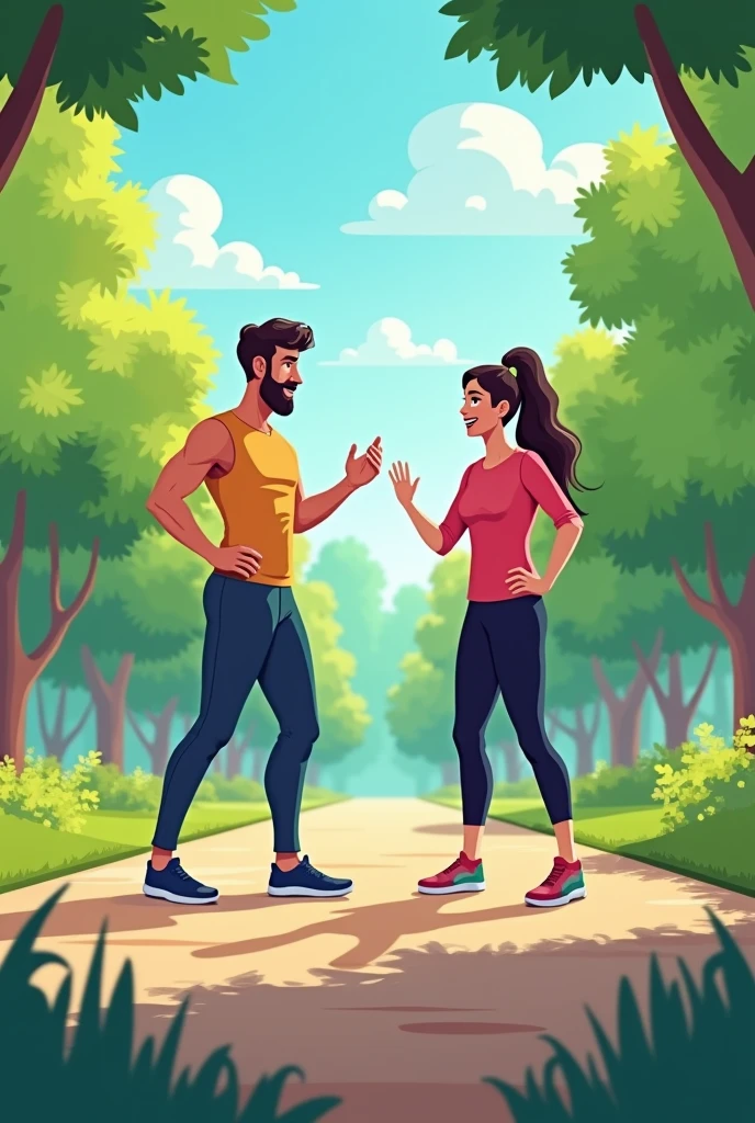 An animated image of a personal trainer with a client in the park
