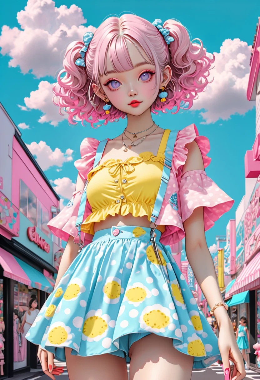 (best quality, masterpiece, ultra highres, ultra-detailed)kawaii, beautiful, Adorable dressed in pink, yellow, and sky blue color scheme. Wear clothes inspired by the sky with clouds and sky motifs. Her outfit is spongy and soft., With decorative accessories like hair tongs. She embodies a vibrant and modern Harajuku fashion style.summer,pose,