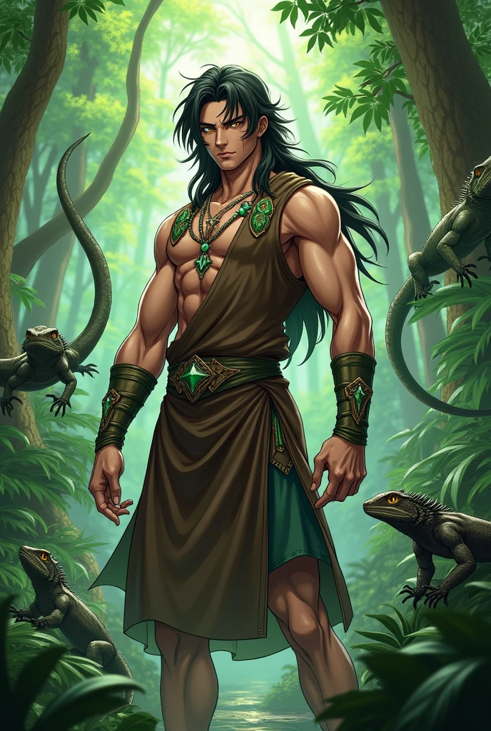 Young man, Anime, Long dark hair, Scar on his face, yellow eyes, athletic body, wearing a brown tunic with green details, in a forest full of lizards.