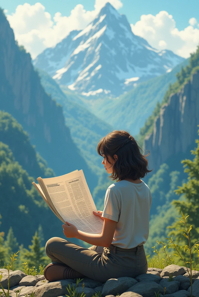 Beautiful girl with wavy short hair, reading news paper in a peaceful location mountain looking like a big journalist