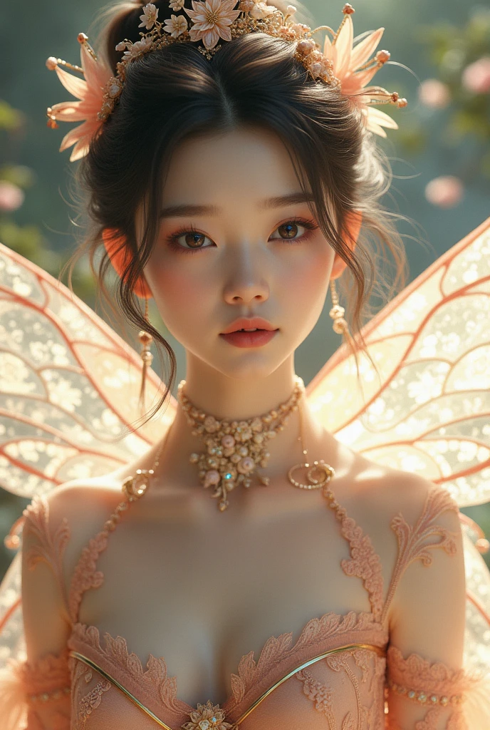 1girl ,fairy, butterfly wings, beautiful clothes,(high resolution, high detail, best quality), perfect breasts, korean girl