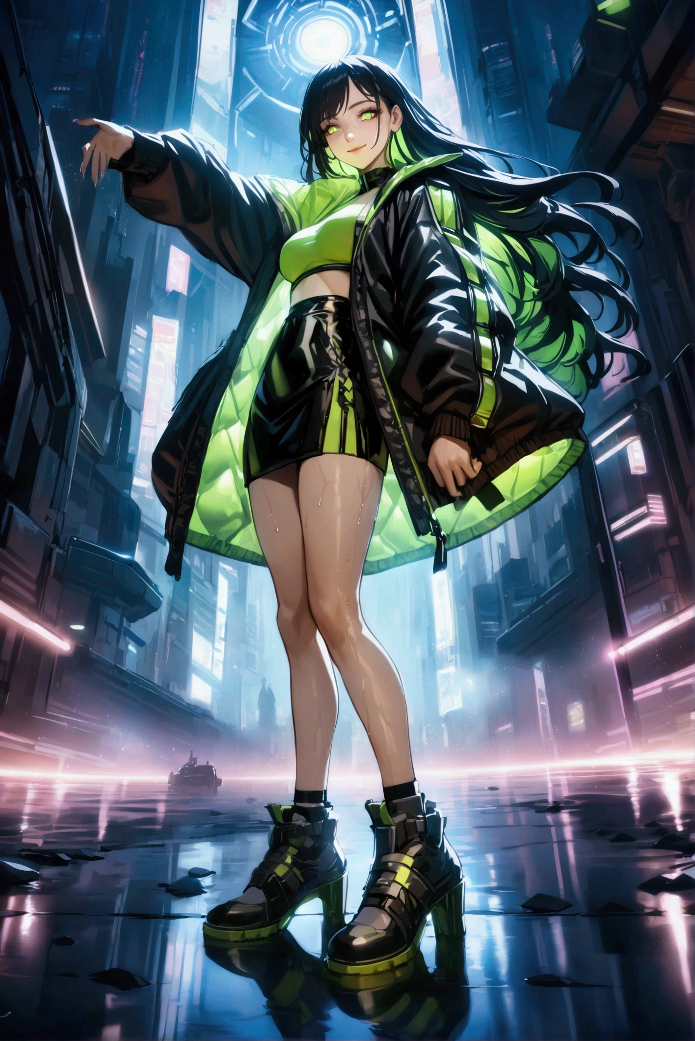 Best quality, masterpiece, absurdres, ultra realistic,middle angle shot, foggy, night time, outdoor,solo, beautiful mature woman wearing a stylish green-black translucent cyberpunk jacket and black sexy skirt, cyberpunk shoes, cool, egdy, beautiful long hair, glowing eyes, cute smile, swirling lights around the charatcters, reflections,hyper detailed character, intricate, wet, unity wallpaper, unreal engine, award winning, cinematic, amazing pose, dynamic scene, anime