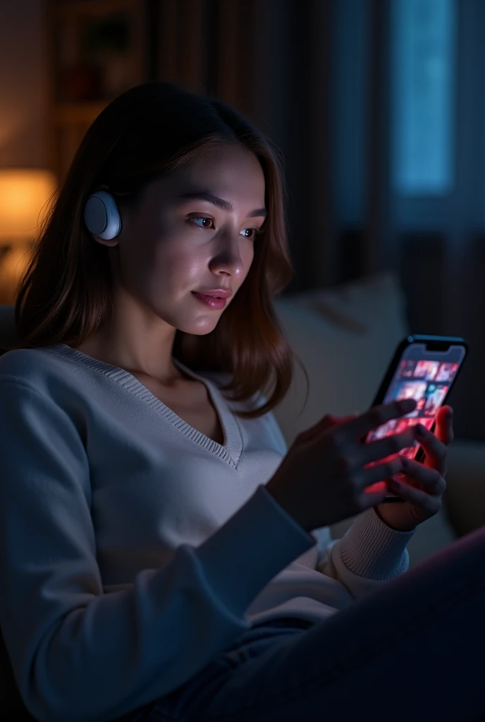 A woman is watching a movie on her phone in landscape mode, using airpods.