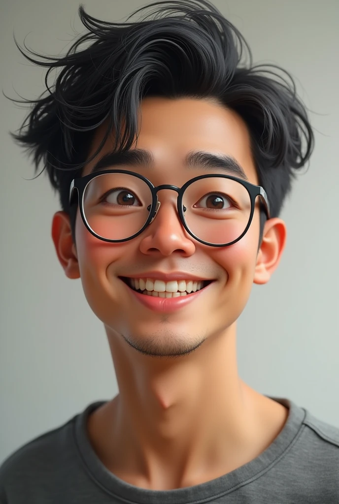 Vietnamese man,wearing glasses, curly hair, slanted eyes,thin eyebrows,thin lips, dimple, laugh, gigi ginsul, 4k,HD,realistic
