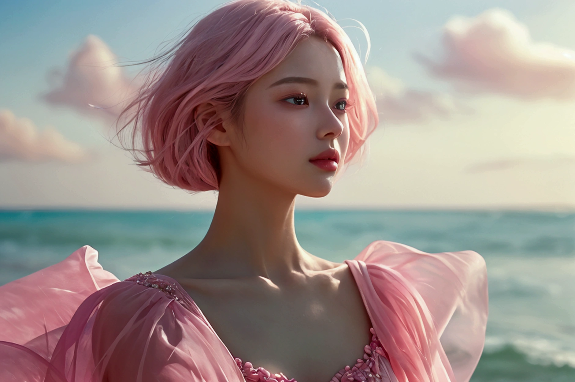 "Capture a high-definition close-up of an elegant woman standing on a serene beach, bathed in soft sunlight. She is wearing a chic pastel pink summer dress that drapes gracefully, complementing her delicate pink skin tone. Her short, flowing pink hair glistens with ethereal, subtle pink flames, creating a striking contrast with her serene surroundings. Her soft, pastel makeup beautifully highlights her refined features. The entire image is suffused with a harmonious pink hue, blending realism and dreamlike artistry. The beach serves as a blurred backdrop, allowing the focus to remain on her, evoking a sense of tranquility and beauty."