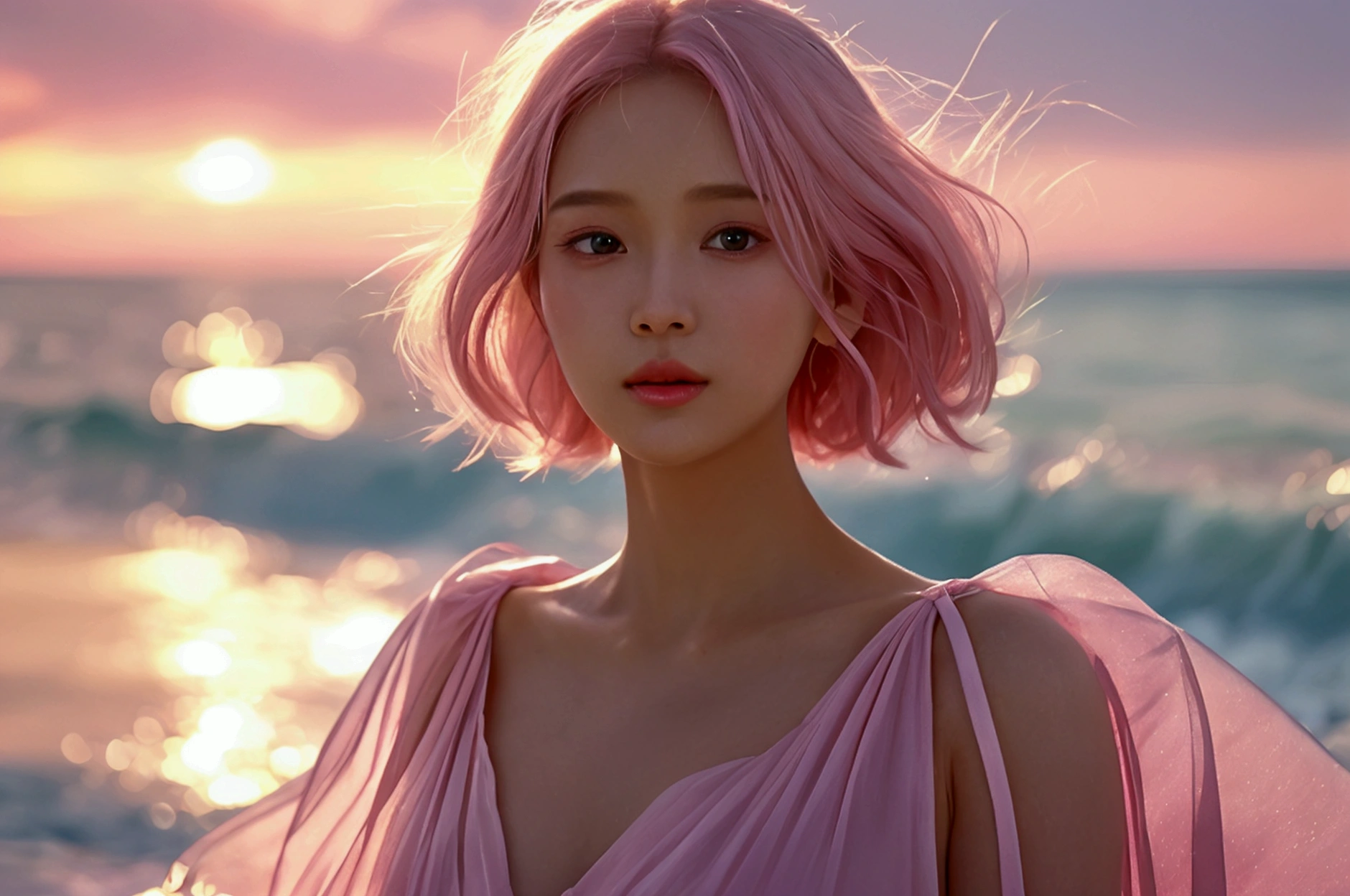 "Capture a high-definition close-up of an elegant woman standing on a serene beach, bathed in soft sunlight. She is wearing a chic pastel pink summer dress that drapes gracefully, complementing her delicate pink skin tone. Her short, flowing pink hair glistens with ethereal, subtle pink flames, creating a striking contrast with her serene surroundings. Her soft, pastel makeup beautifully highlights her refined features. The entire image is suffused with a harmonious pink hue, blending realism and dreamlike artistry. The beach serves as a blurred backdrop, allowing the focus to remain on her, evoking a sense of tranquility and beauty."