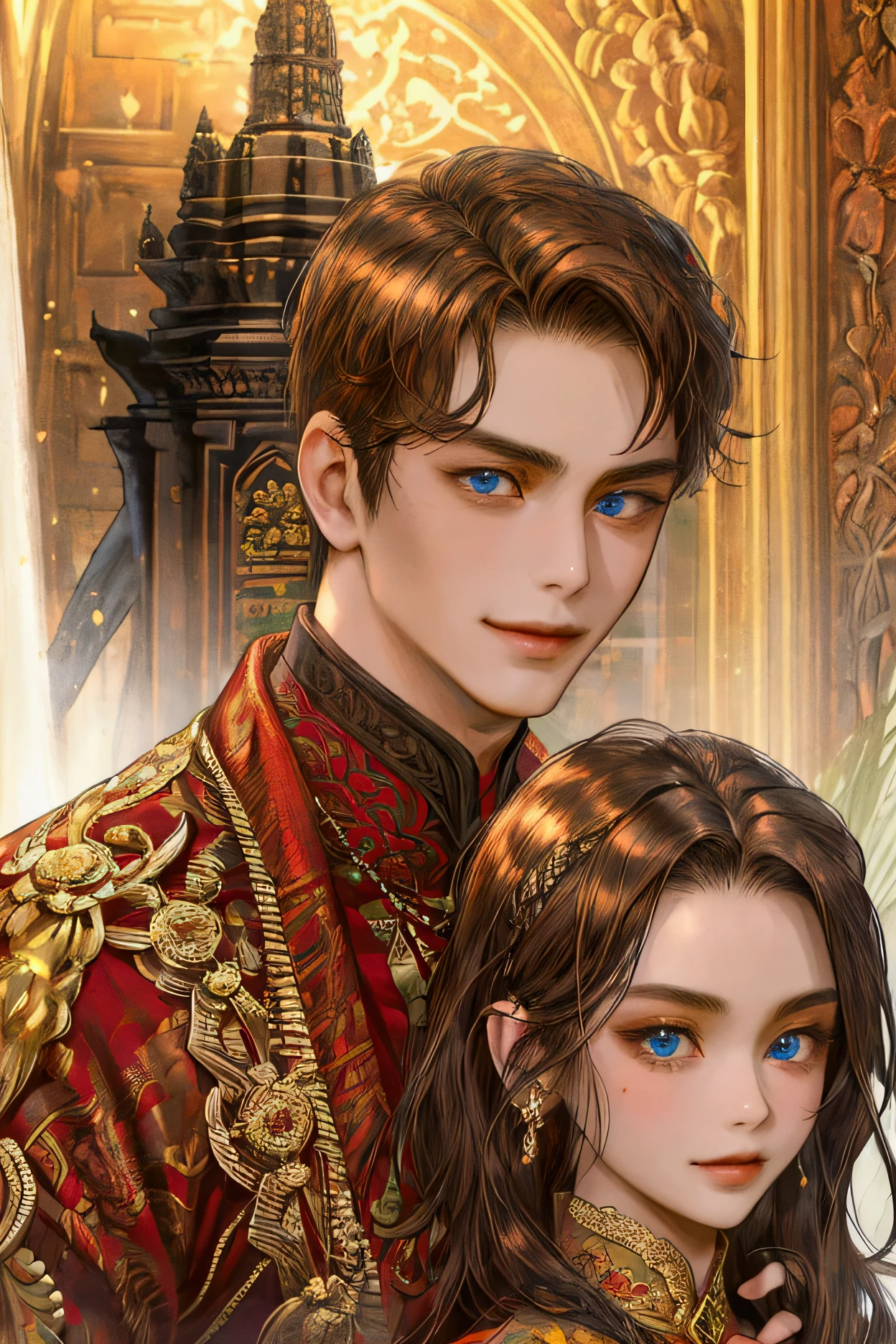 Couple, javanese style, masterpiece, best quality, realistic, quiet and charming, 29 years old, blue eyes, serious, extremely detailed face, half body, smile,((dark brown hair hair)), [ eyebrows], red suit, prambanan temple, accurate, detailed