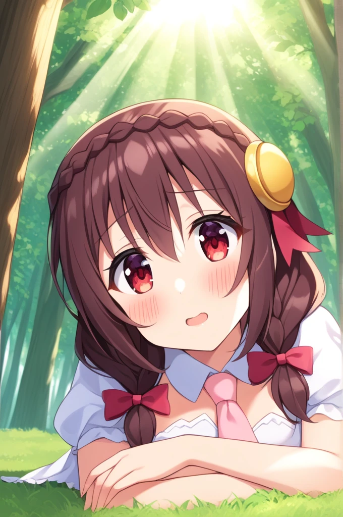 alone, One person, Yunyun, ♥、 (blush:1.5)、Crown braids of the same color as your hair、hair ornaments, Hair Ribbon, Pink tie, White dress, picnic、heart、♥、Sunlight filtering through the trees、Lying down