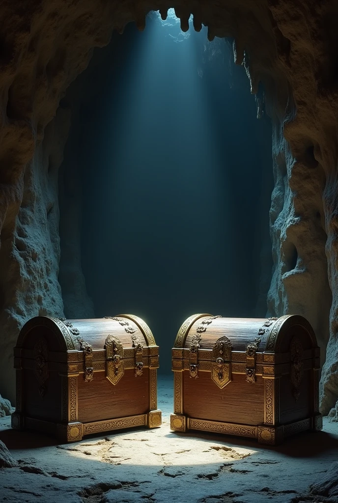 two large wooden chests with golden details side by side, in a dark gloomy cave dungeon