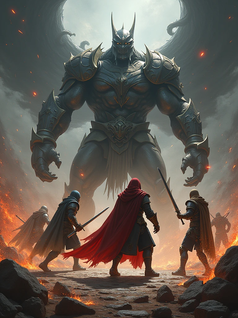 Create an album cover featuring a scene reminiscent of medieval fantasy. The scene should have intense, epic and dark colours. Include four heroes of varying descents - Caucasian, Hispanic, Middle-Eastern, and South Asian - all clad in armor and engaging in combat with a giant villain. The environment should be filled with chaos and fantastical elements, reflecting a dark and violent battle with debris, sparks, and splashes of blood.