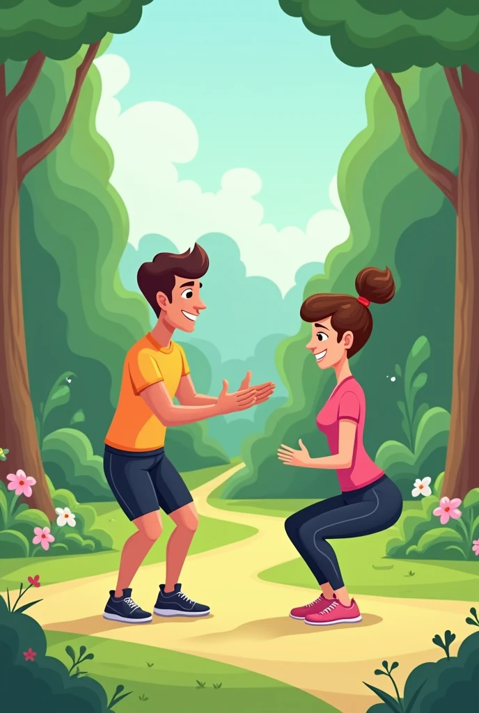 An animated image of a personal trainer with a female client doing squats in the park