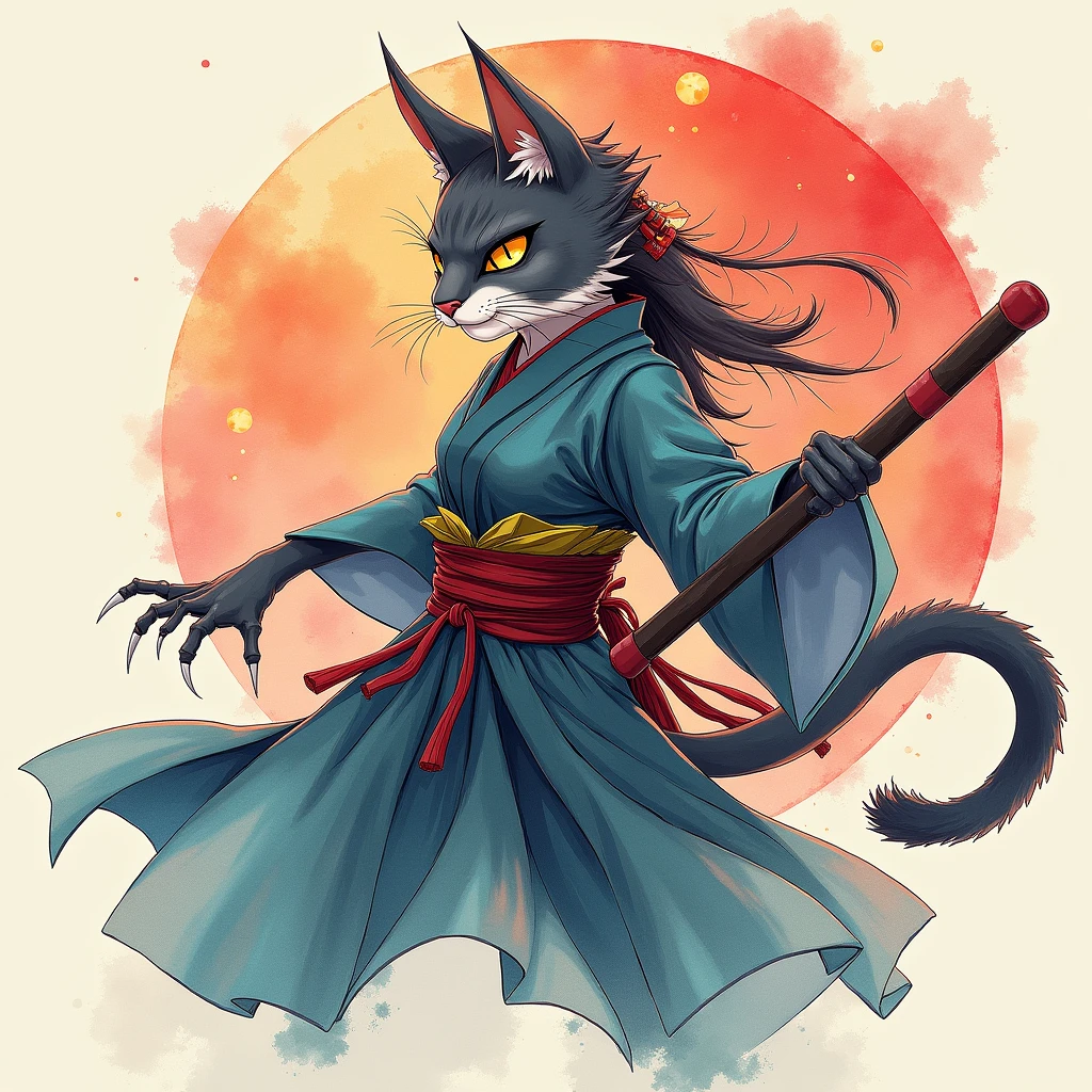 Demon Slayer Style,Illustration Style,Cat-like,watercolor,