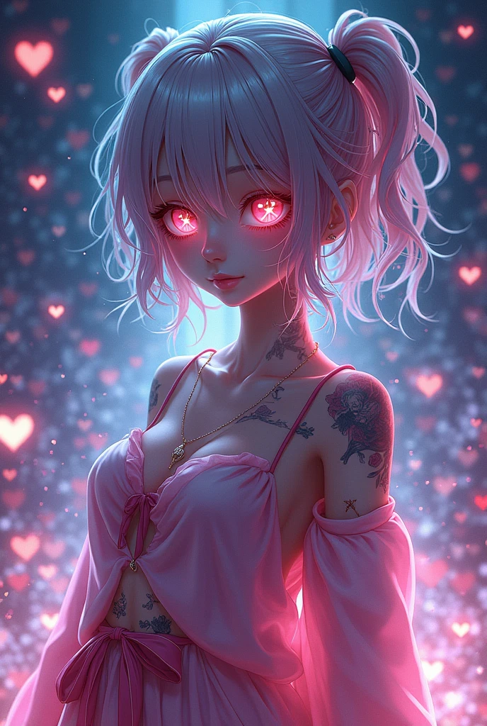 cute anime character girl, messy wavy hair, cross-shaped pupils, wearing loose baggy rapper-style costume, attractive and seductive face, make-up, covered in tattoos, superlative body proportion, background another dimension, notes effects, star effects, heart effects, glitter effects, 2.5D, delicate and dynamic, graphic CG digital art