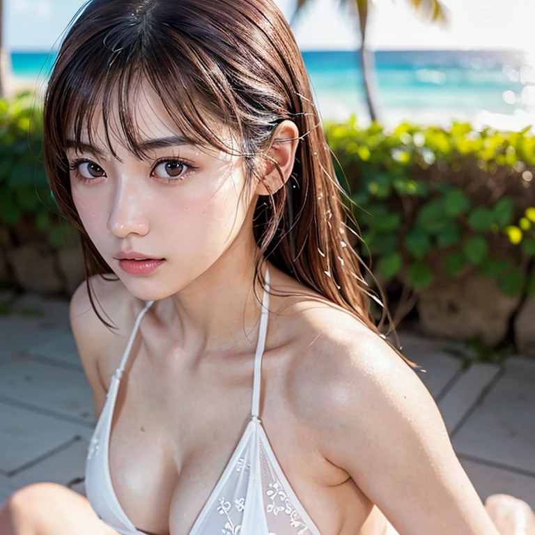 a Japanese girl,Nagahama Neru,large breasts,thonge white bikini,forcus hip,pink brown hair,long nipples,all fours,BREAK,(realistic, photo-realistic:1.4),(best quality,masterpiece:1.2),RAW photo,high resolution,intricate details,extremely detailed,insanely detailed,incredibly detailed,realistic and sharp details,cinematic lighting,looking at viewer,seductive pose,(detailed face, detailed eyes, sophisticated nose),pale skin,fine-textured skin,glossy skin,photo background,waikiki beach