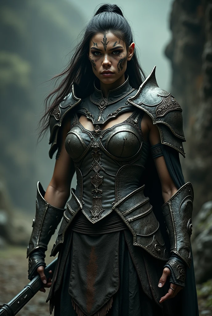 A female orc warrior, detailed face and expression, intricate armor, medieval fantasy, dark tones, dramatic lighting, highly detailed, cinematic, digital art, fantasy art, concept art, 8k, photorealistic