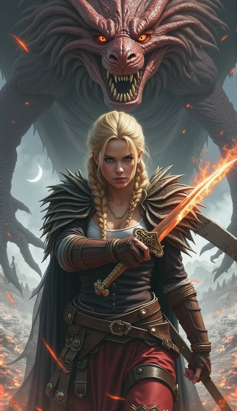 black fantasy, fierce atmosphere, blonde warrior, braided hair, pale skin, leather armour, fire sword wielded in one hand in the midst of an intense battle, fighting through flames and shadows, her sword cutting through the darkness, flames licking at her armor, but she remains unharmed, the ground is melted and cracked, dragon behind her , but she stands strong, dynamic action photo with fire elements
