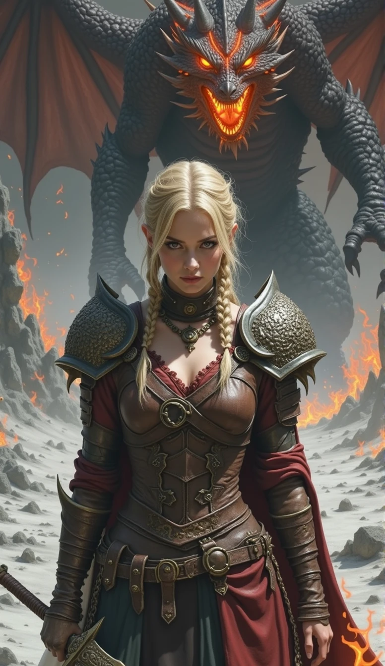 black fantasy, fierce atmosphere, blonde warrior, braided hair, pale skin, leather armour, fire sword wielded in one hand in the midst of an intense battle, fighting through flames and shadows, her sword cutting through the darkness, flames licking at her armor, but she remains unharmed, the ground is melted and cracked, dragon behind her , but she stands strong, dynamic action photo with fire elements
