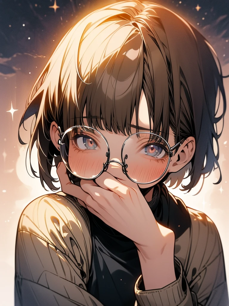 1 girl, gray eyes, gray with a brown tinge of hair, short hair with bangs, wears round glasses, wears a gray-brown long-sleeved sweatshirt with craters, looks at the viewer, is very embarrassed, blush, sweat on her face, against the background of the cosmic sky, next to the sun, beautiful, detailed, delicate tones