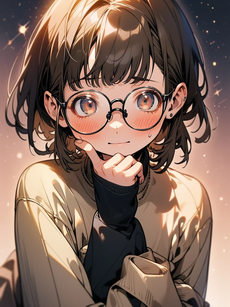 1 girl, gray eyes, gray with a brown tinge of hair, short hair with bangs, wears round glasses, wears a gray-brown long-sleeved sweatshirt with craters, looks at the viewer, is very embarrassed, blush, sweat on her face, against the background of the cosmic sky, next to the sun, beautiful, detailed, delicate tones