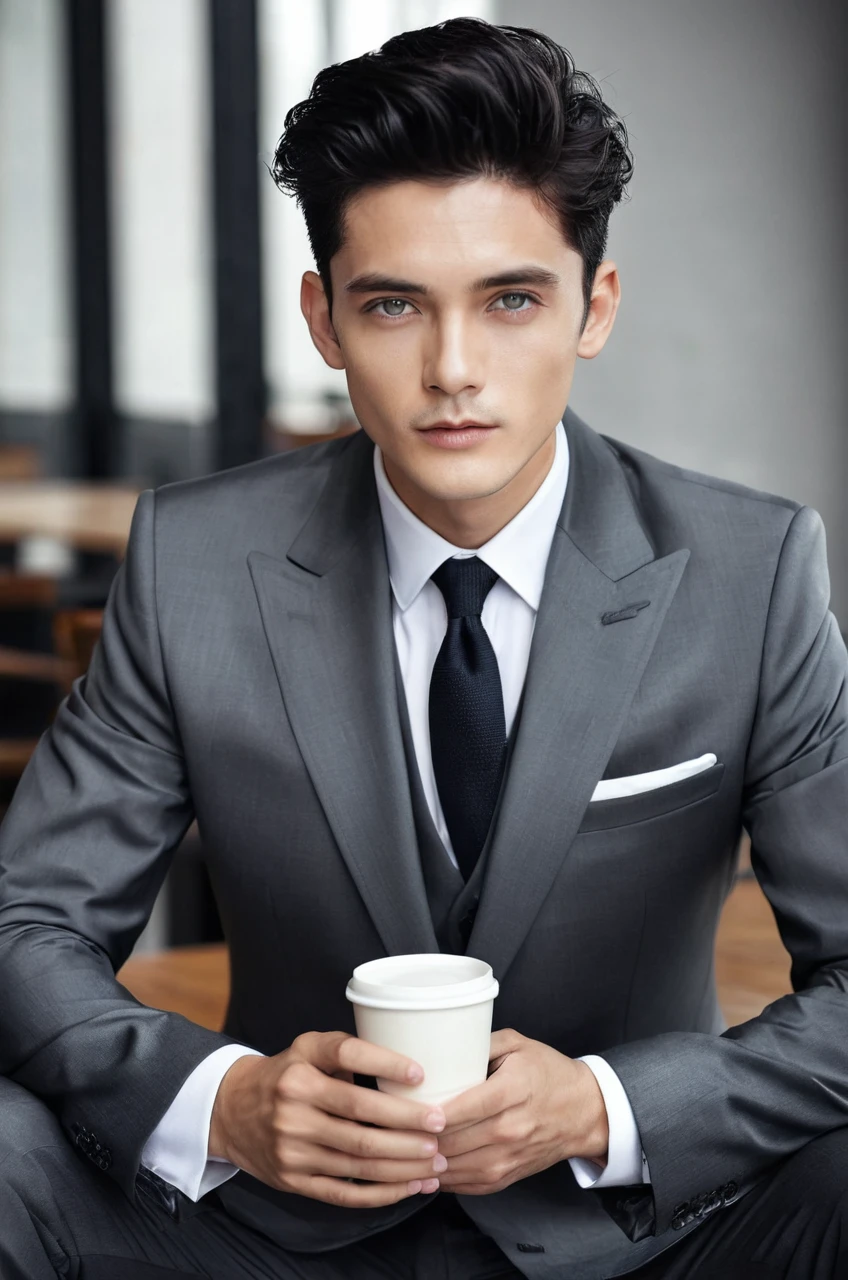 Young boy, Suit, Suit elegante, beautiful appearance, mature look, drinking coffee, defined body, black hair, gray eyes,
