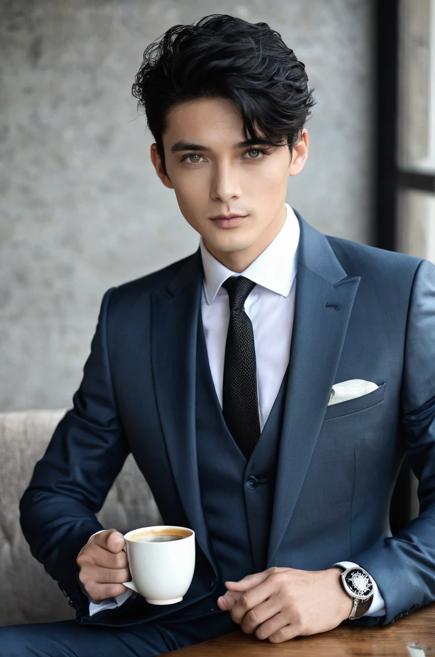Young boy, Suit, Suit elegante, beautiful appearance, mature look, drinking coffee, defined body, black hair, gray eyes,