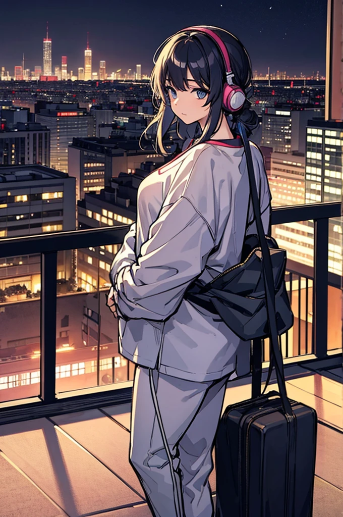 listening to music through headphones while gazing into the distance from the balcony、Wearing casual loungewear、Night city in the background、in the style of old Japanese anime