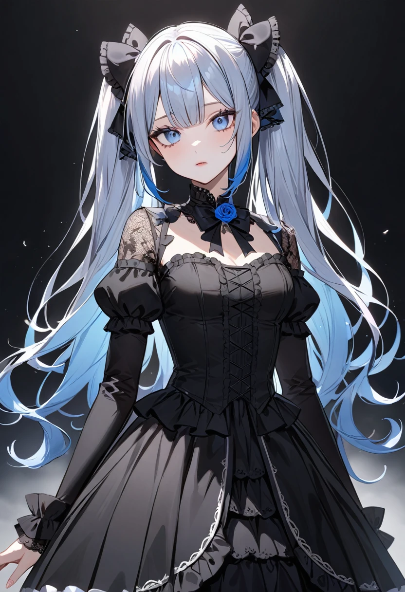 (masterpiece, top quality, very aesthetic, 4k、illustration), intricate detail, 1woman,solo,contrapposto 、from side、Strong glowing eyes、Fair skin,(upper body)、bored 、twintails、(Blue lipstick),beautiful face、(gradient hair)、multicolored hair,middle hair,sidelock ,blue　eyes、gothic lolita dress、medium breasts、slender 、