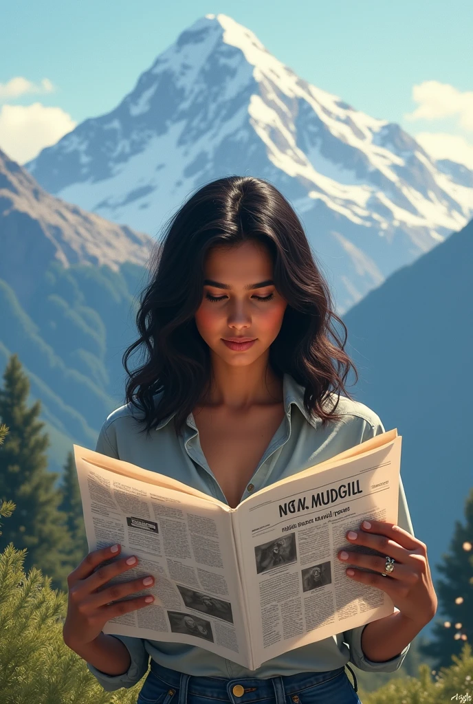 Nidhi Mudgill with wavy short hair, reading news paper in a peaceful location mountain looking like a big journalist 