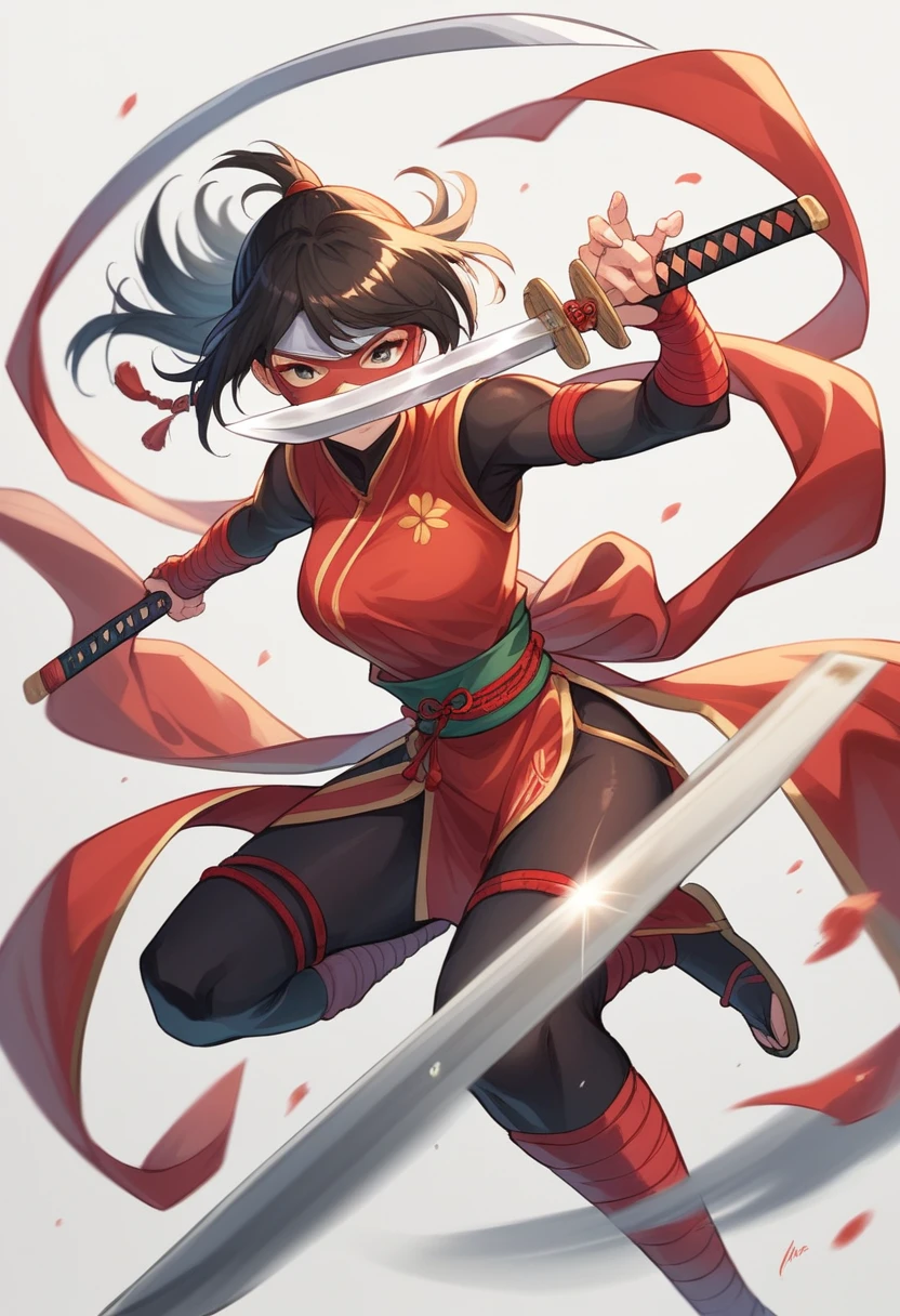 Superhero, 現代のSuperheroのコスチューム, Ninja, Ninja costume, Ninja mask on the face, With Chinese sword, Djinn Sword,With Chinese sword, Beautiful Chinese Woman, 20-year-old, Chinese woman with bangs, Brave性格, kind, Brave, Decide, On the battlefield, Atmospheric perspective, Motion Blur, 8k, Super Detail, Highest quality, Ultra-high resolution, Attention to detail