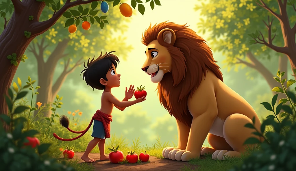 Rajoo picks fruits from the garden and hands them to the lion