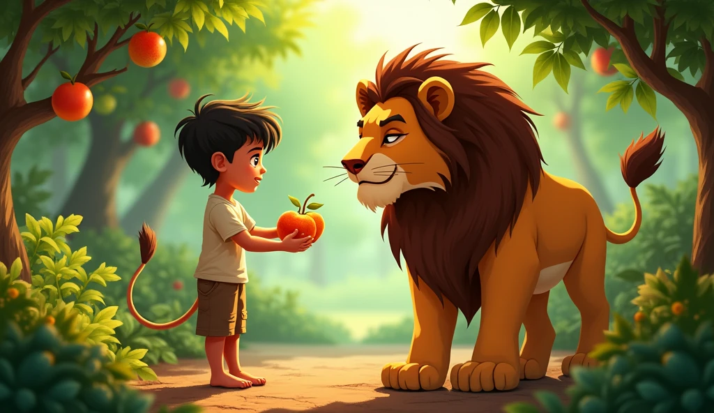 Rajoo picks fruits from the garden and hands them to the lion