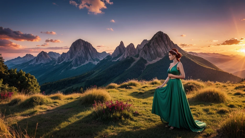 beautiful queen woman, fifty years old, red hair tied up, looking at the camera, wears a gold crown, type of diadem, dresses (a green dress) fitted, medieval, at the waist a shiny gold belt, she is a queen in a dominant, brave posture, in the background (Eternia) an extraterrestrial landscape, with vibrant colors, with pointed cliffs full of forests, and a sky of red and blue colors, a glorious sunset, photorealistic image