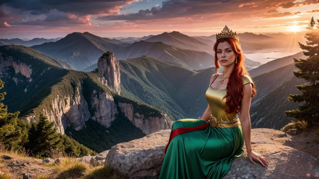 beautiful queen woman, fifty years old, red hair tied up, looking at the camera, wears a gold crown, type of diadem, dresses (a green dress) fitted, medieval, at the waist a shiny gold belt, she is a queen in a dominant, brave posture, in the background (Eternia) an extraterrestrial landscape, with vibrant colors, with pointed cliffs full of forests, and a sky of red and blue colors, a glorious sunset, photorealistic image