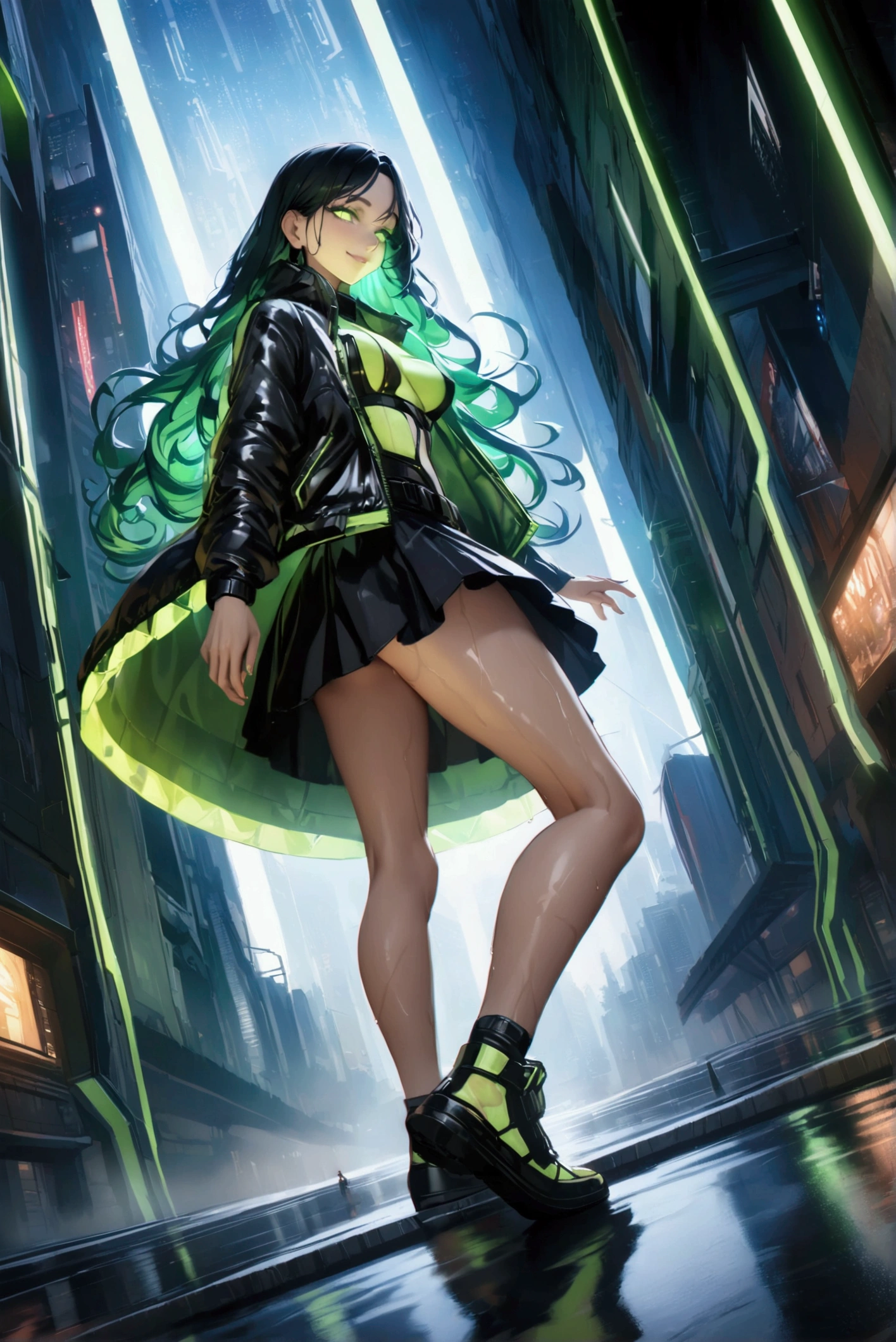 Best quality, masterpiece, absurdres, ultra realistic,middle angle shot, foggy, night time, outdoor,solo, beautiful mature woman wearing a stylish green-black translucent cyberpunk jacket and black sexy skirt, cyberpunk shoes, cool, egdy, beautiful long hair, glowing eyes, cute smile, swirling lights around the charatcters, reflections,hyper detailed character, intricate, wet, unity wallpaper, unreal engine, award winning, cinematic, amazing pose, dynamic scene, futuristic tokyo building backgroudn