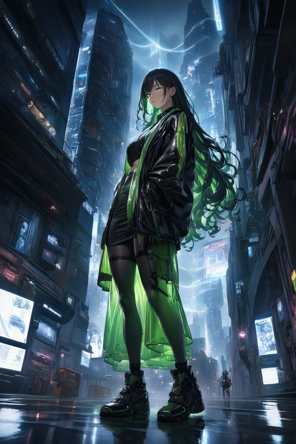 Best quality, masterpiece, absurdres, ultra realistic,middle angle shot, foggy, night time, outdoor,solo, beautiful mature woman wearing a stylish green-black translucent cyberpunk jacket and black sexy skirt, cyberpunk shoes, cool, egdy, beautiful long hair, glowing eyes, cute smile, swirling lights around the charatcters, reflections,hyper detailed character, intricate, wet, unity wallpaper, unreal engine, award winning, cinematic, amazing pose, dynamic scene, futuristic tokyo building backgroudn