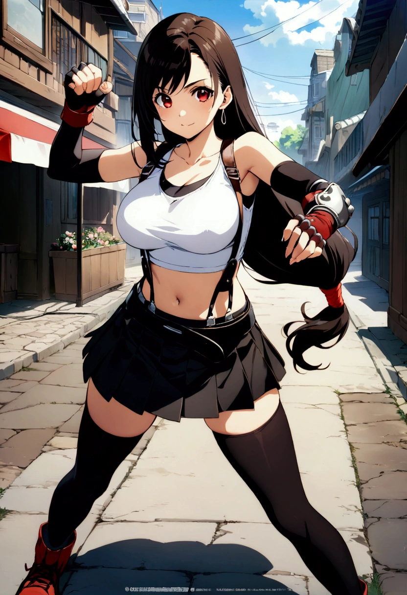 score_9, score_8_up, score_7_up,(best quality,masterpiece),ultra detailed,(aesthetic,very aesthetic),highly detailed),megami_magazine,official art,1girl, tifa lockhart, final fantasy, tareme,black hair, low-tied long hair, red eyes, bangs, white tank top, belt, pleated skirt, thighhighs, elbow fingerless gloves, elbow pads, midriff, navel,suspender skirt . ,(large_breasts:1.2),(perky breasts;1,2),(light smile),panties shot,,Solo,,(daytime and beachside and city),,professional lighting,cinematic lighting,fullbody,fighting pose,fighting stance,