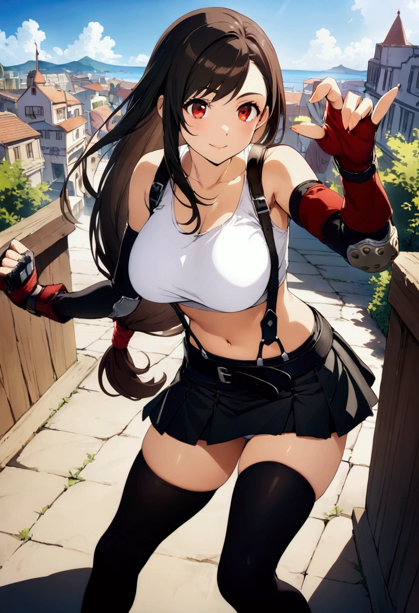 score_9, score_8_up, score_7_up,(best quality,masterpiece),ultra detailed,(aesthetic,very aesthetic),highly detailed),megami_magazine,official art,1girl, tifa lockhart, final fantasy, tareme,black hair, low-tied long hair, red eyes, bangs, white tank top, belt, pleated skirt, thighhighs, elbow fingerless gloves, elbow pads, midriff, navel,suspender skirt . ,(large_breasts:1.2),(perky breasts;1,2),(light smile),panties shot,,Solo,,(daytime and beachside and city),,professional lighting,cinematic lighting,fullbody,fighting pose,fighting stance,