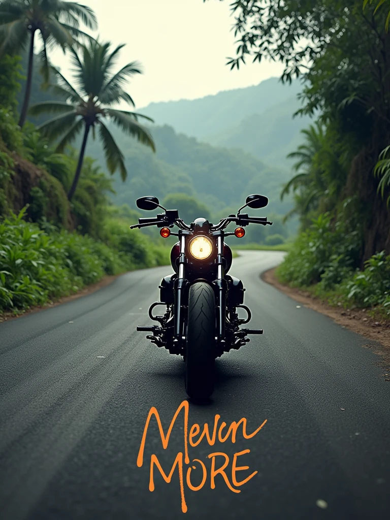 logo "MneverMore" hand sign stylish signature letter logo front, background realistic with Harley Davidson fatboy custom, Pandawa road, kuta-Bali Background.