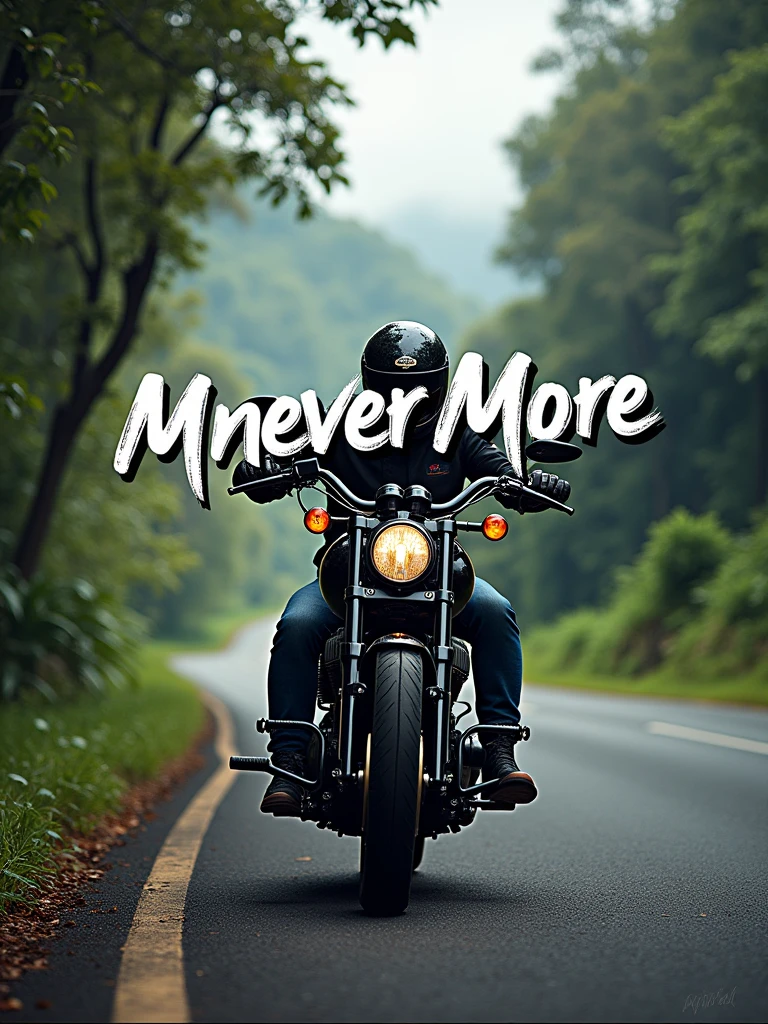 logo "MneverMore" hand sign stylish signature letter logo front, background  realistic with Harley Davidson fatboy custom, Pandawa road, kuta-Bali Background.