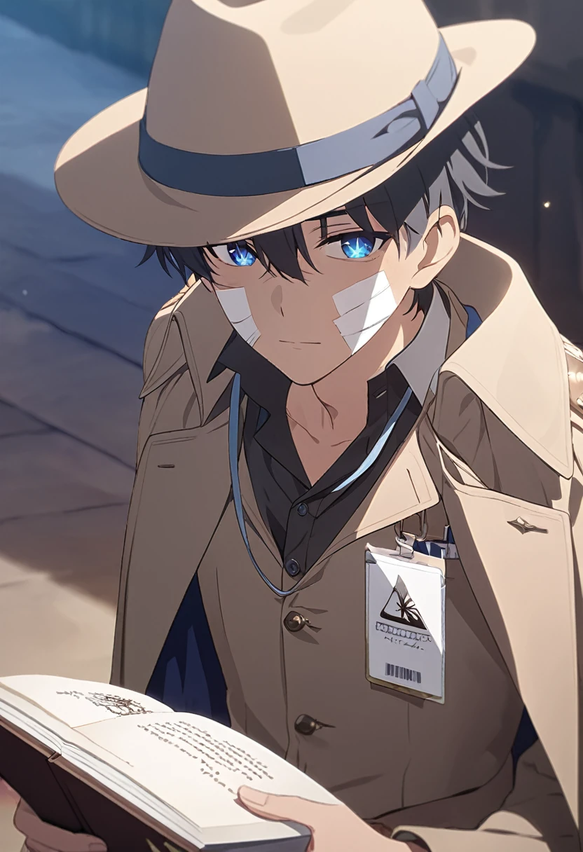 masterpiece,best quality,depth of field,8k,Looking at the viewer,man,dark gray hair,blue eyes,(charismatic eyes 1:1),chic,black hair,Blue Eyes,wearing a tan fedora,a brown frock coat with a cape,male,Short hair,alone,with a bandage on his cheek,With sparkling eyes,looking at a law book in his right hand,alone,with an ID badge around his neck,Holding a law book in their right hand,Apricot-colored skin