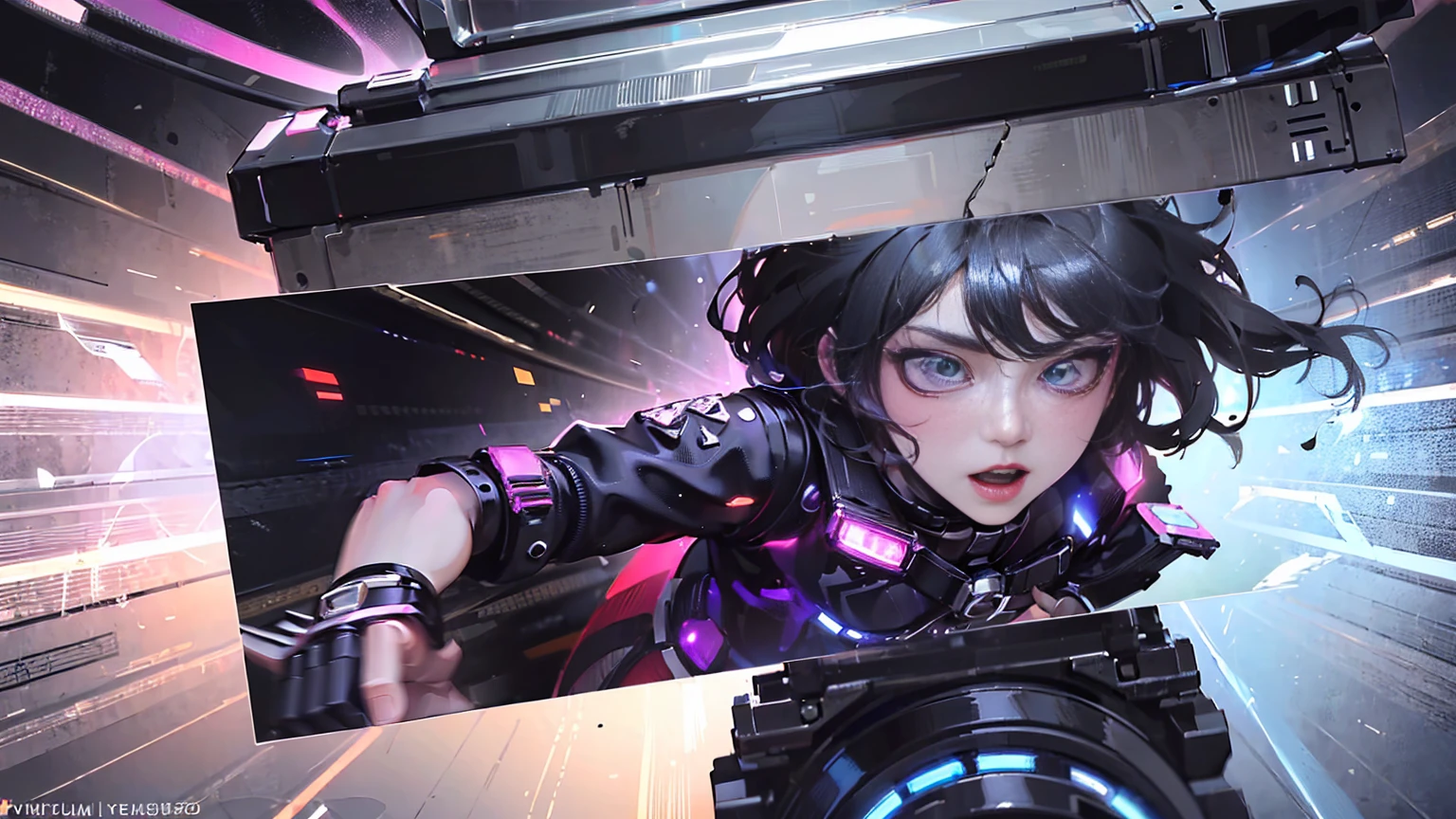 Close - Up, Upper Body, masterpiece, Highest quality, (Riding a black Akira bike、(Round SF metal chestplate cold), Long legs, The body is accurate.,Escape to the Future, Accurate Face, ,Female punk singer,Run,,Harry Clarke style,(Ashley Wood Style:1.4), (Double exposure:1.4),Thrilling footage released,Cyberpunk Vaporwave,Holographic Projection,(Pause,Dynamic Action:1.8)