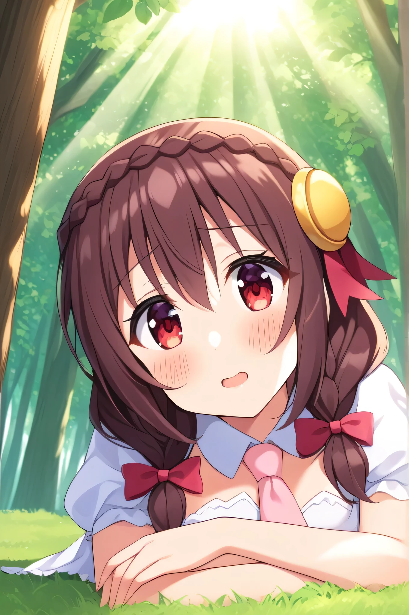 alone, One person, Yunyun, ♥、 (blush:1.5)、Crown braids of the same color as your hair、hair ornaments, Hair Ribbon, Pink tie, White dress, picnic、heart、♥、Sunlight filtering through the trees、Lying down