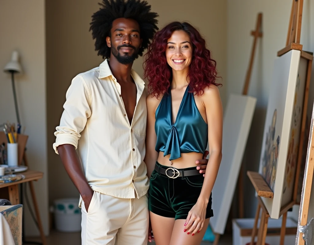 Attractive French-Nubian man with wavy hair and dark skin, wearing a relaxed cream shirt and complementary pants, holding a paintbrush, standing next to a short pale young woman in a paint studio. The man has a kind expression; the woman has a soft smile, vibrant maroon layered wavy chest-length hair, wearing a sapphire blue silk halter top, black velvet shorts with a green sheen, a thick black belt, and red wedge sandals.