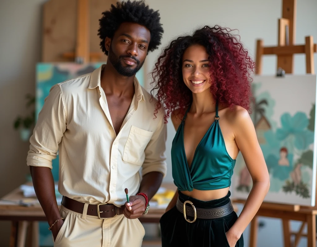 Attractive French-Nubian man with wavy hair and dark skin, wearing a relaxed cream shirt and complementary pants, holding a paintbrush, standing next to a short pale young woman in a paint studio. The man has a kind expression; the woman has a soft smile, vibrant maroon layered wavy chest-length hair, wearing a sapphire blue silk halter top, black velvet shorts with a green sheen, a thick black belt, and red wedge sandals.