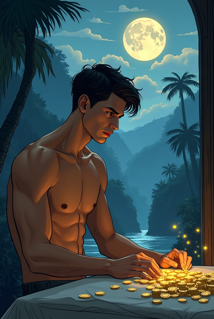 illustration that evoke stoicism men from 25 years old, shirtless, barefoot, strong, slim body Importance of Reason Style: Scientific realism, with a focus on detail and precision. Color palette: Cool, neutral tones (navy blue, gray, white) to convey clarity and objectivity. Expression: A concentrated and determined gaze, brow slightly furrowed in thought. Setting: A young strong handsomen cinnamon sking, man couting gold coins on the table background you can see a see a window to see the jungle in the night, full moon, river, mountain rain, thonders
