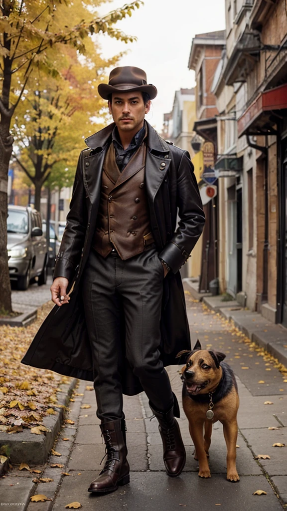 Steampunk style, male detective with a dog, on the streets of an old autumn city, yellow leaves, detailed face, big eyes, mysterious, detective's cloak, boots, suit, rich colors, steampunk style