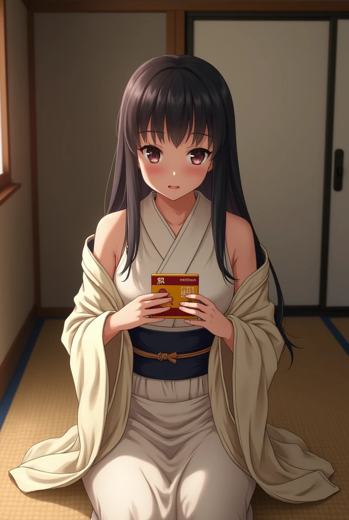 A photo of a woman on a futon in a narrow hotel room。A beautiful, slim-looking junior high school girl wearing off-shoulder YUKATA, with big eyes, is crying as she shows her student ID 15AGE card.。A grinning fat man approaches her from behind and puts his hands inside her yukata to rub her breasts.