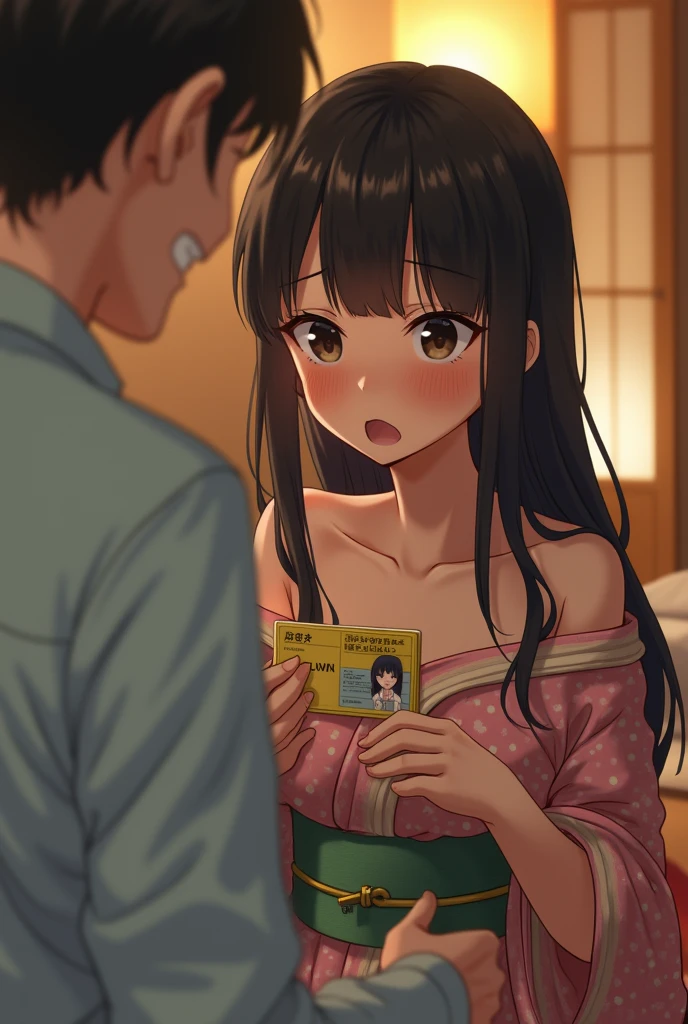 A photo of a woman on a futon in a narrow hotel room。A beautiful, slim-looking junior high school girl wearing off-shoulder YUKATA, with big eyes, is crying as she shows her student ID 15AGE card.。A grinning fat man approaches her from behind and puts his hands inside her yukata to rub her breasts.
